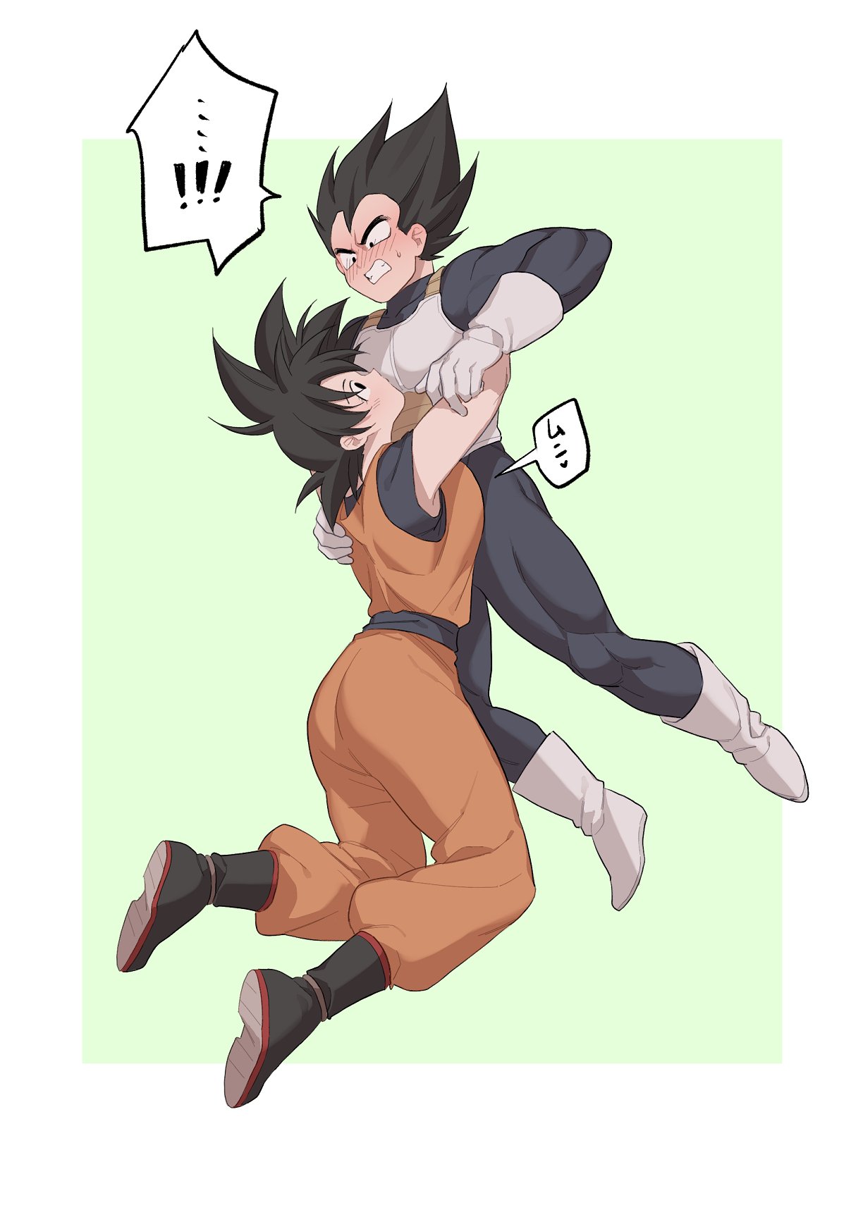 !, !!, ..., 1boy, 1girl, armor, black_hair, blush, bodysuit, boots, breasts, clenched_teeth, dougi, dragon_ball, dragon_ball_z, eye_contact, floating, full_body, genderswap, genderswap_(mtf), gloves, hetero, highres, hug, kkkkkirrier, looking_at_another, son_goku, spiky_hair, teeth, vegeta, white_gloves