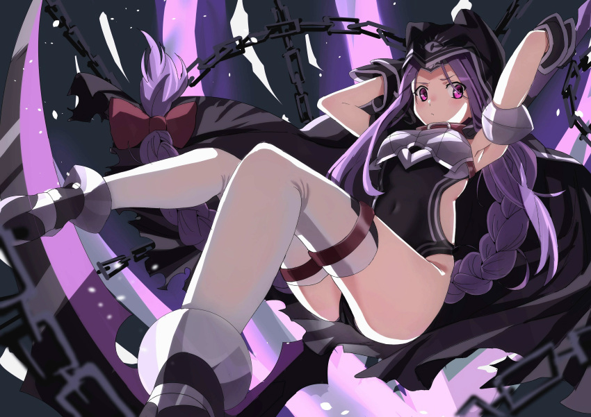 1girl, absurdres, armpits, ass, black_cape, blush, cape, chain