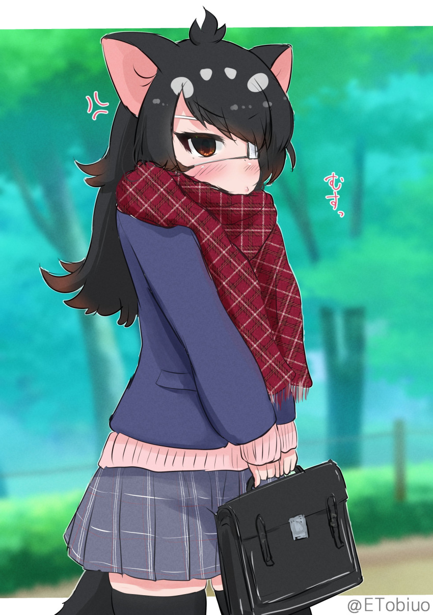 1girl, absurdres, alternate_costume, anger_vein, australian_devil_(kemono_friends), bag, black_hair, black_thighhighs