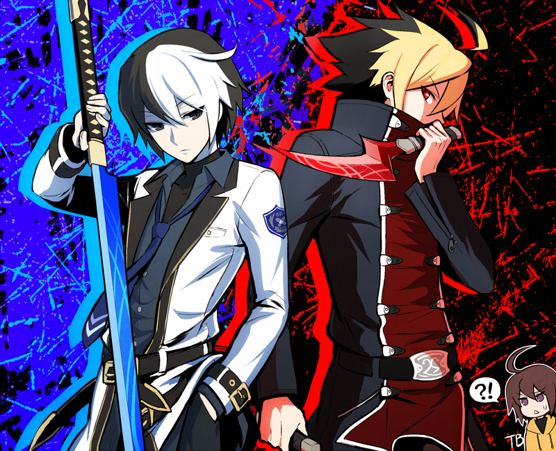 !?, 1girl, 2boys, ahoge, bangs, black_eyes, black_hair, blonde_hair, blue_background, brown_hair, chibi, coat, cosplay, costume, costume_switch, dagger, dress_shirt, eliminator_(weapon), formal, grey_eyes, hood, hoodie, hyde_(under_night_in-birth), hyde_(under_night_in-birth)_(cosplay), insulator_(weapon), jacket, knife, linne, looking_at_viewer, male_focus, multicolored_hair, multiple_boys, necktie, pose, red_background, red_eyes, school_uniform, seth_(under_night_in-birth), seth_(under_night_in-birth)_(cosplay), shirt, short_hair, sword, tb_(spr1110), two-tone_hair, under_night_in-birth, violet_eyes, weapon, weapon_switch, white_hair