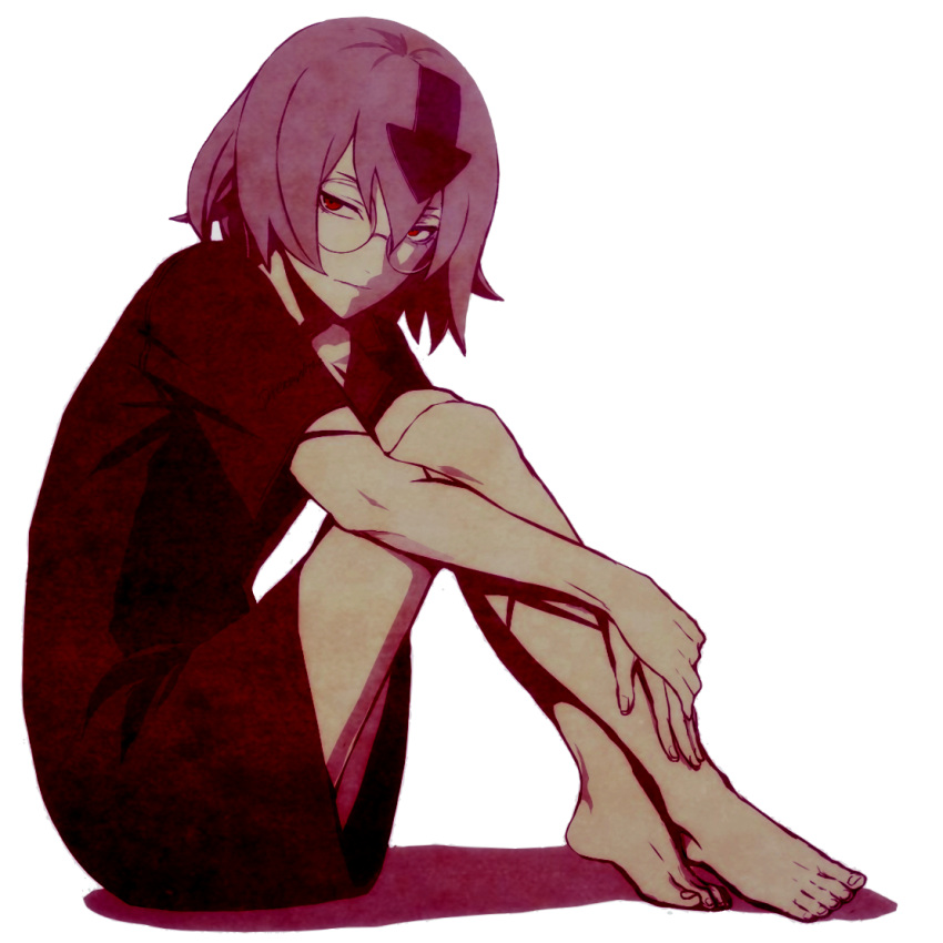 1boy, arrow_(symbol), bangs, barefoot, bedman, dress, glasses, gown