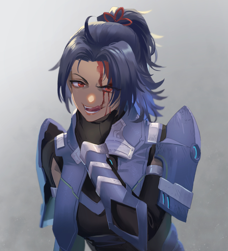 1girl, armor, ashera_(xenoblade), black_hair, blood, breasts, dark-skinned_female, dark_skin, gloves, hair_ornament, heavelle, large_breasts, open_mouth, ponytail, red_eyes, shoulder_armor, simple_background, smile, teeth, xenoblade_chronicles_(series), xenoblade_chronicles_3