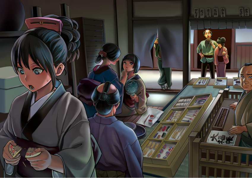 1other, 3boys, 4girls, applying_makeup, bald, black_hair, blue_eyes, blue_kimono