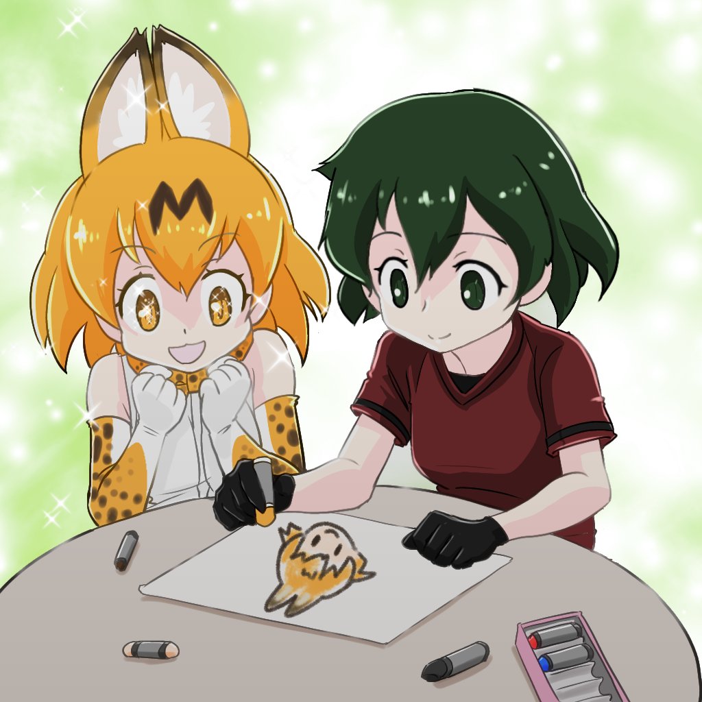 2girls, animal_ears, bare_shoulders, black_gloves, black_hair, blonde_hair, bow, bowtie, cat_ears, cat_girl, cat_tail, crayon, drawing, elbow_gloves, gloves, green_eyes, kaban_(kemono_friends), kemono_friends, msl2go, multiple_girls, paper, print_bow, print_bowtie, print_gloves, red_shirt, serval_(kemono_friends), serval_print, shirt, short_hair, short_sleeves, sleeveless, sparkling_eyes, t-shirt, tail, white_gloves, white_shirt, yellow_eyes