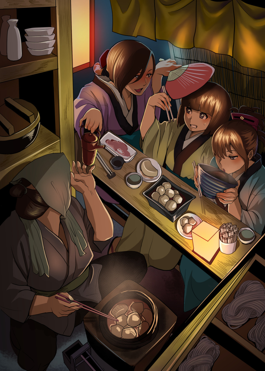 4girls, baozi, black_hair, blue_eyes, blue_kimono, blush, bottle, bowl