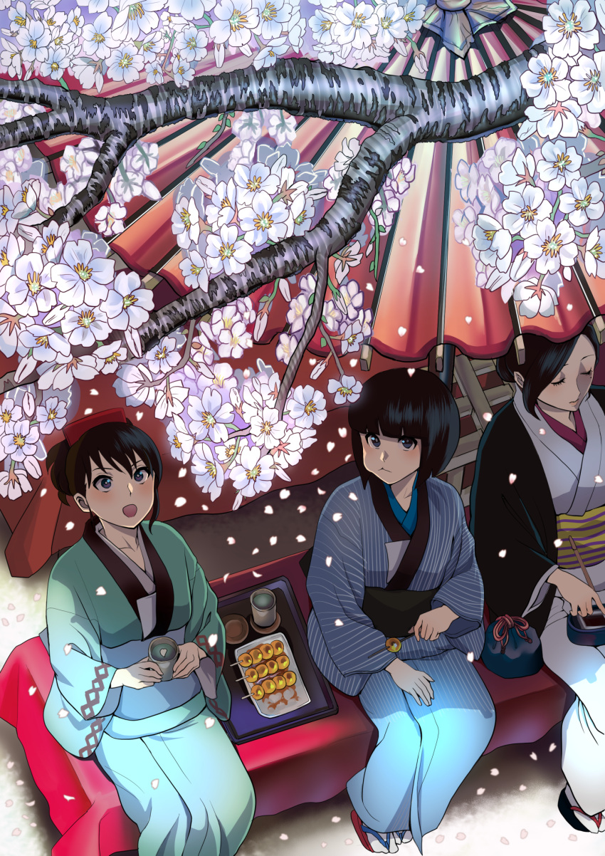 3girls, :p, bento, black_hair, black_kimono, blue_eyes, blue_kimono, bob_cut