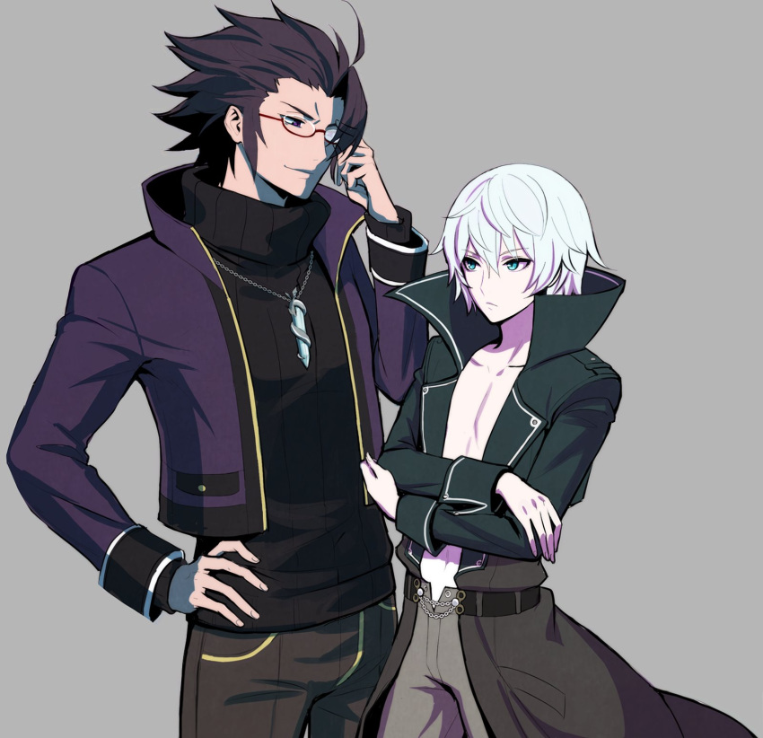 2boys, adjusting_eyewear, aqua_eyes, black_hair, black_sweater, blue_eyes, bomber_jacket, chaos_(under_night_in-birth)