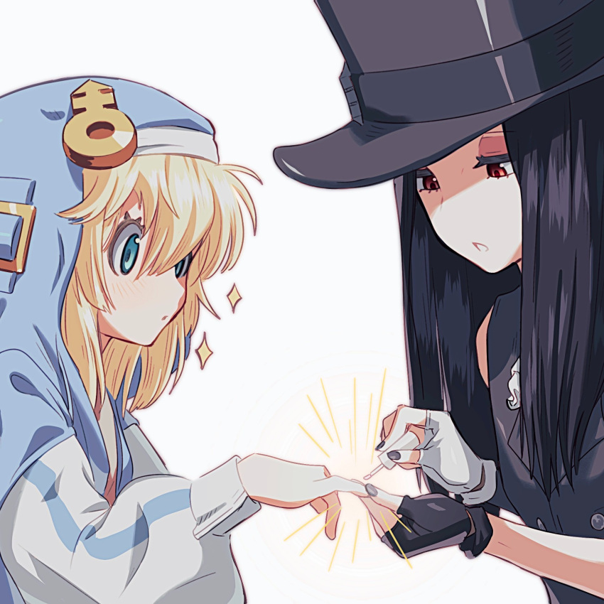1girl, 1other, :o, bbhdrrr, black_hair, blonde_hair, blush, bridget_(guilty_gear), eyeshadow, guilty_gear, guilty_gear_strive, hat, highres, hood, hood_up, makeup, manicure, nail_polish, painting_nails, red_eyes, testament_(guilty_gear), top_hat, transgender, transgender_girl, transgender_woman, upper_body