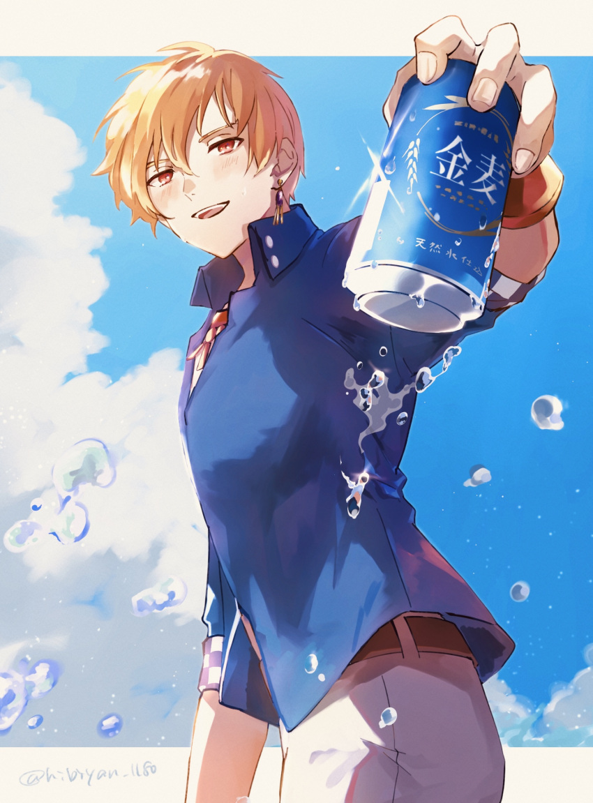 1boy, :d, bangs, belt, blonde_hair, blue_shirt, blush, bracelet