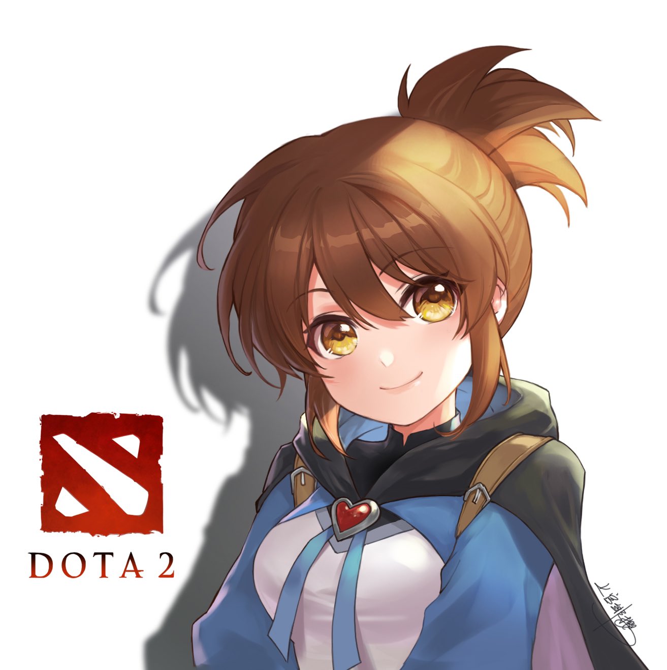 1girl, bangs, black_cape, brown_eyes, brown_hair, cape, copyright_name, dota_(series)