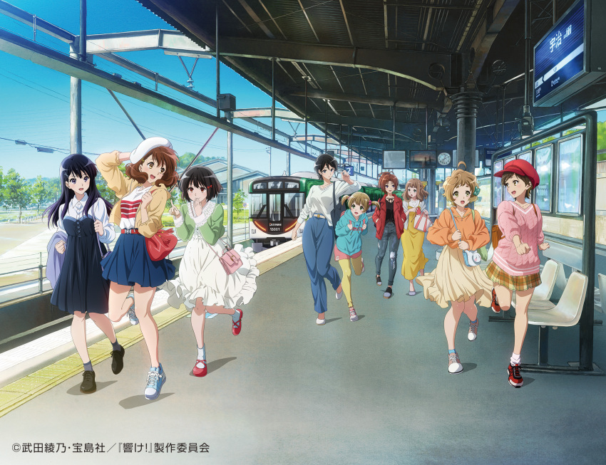6+girls, ahoge, backpack, bag, bangs, beret, black_footwear, black_hair