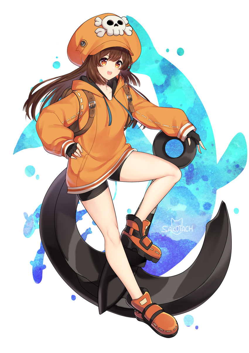 1girl, absurdres, anchor, artist_name, backpack, bag, bangs, black_gloves