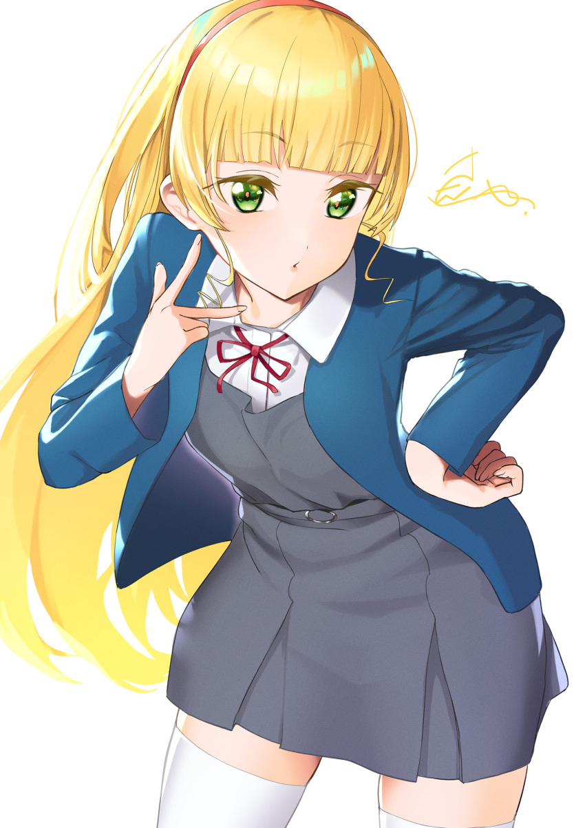 1girl, absurdres, bangs, blonde_hair, blue_jacket, blunt_bangs, blush, collared_shirt