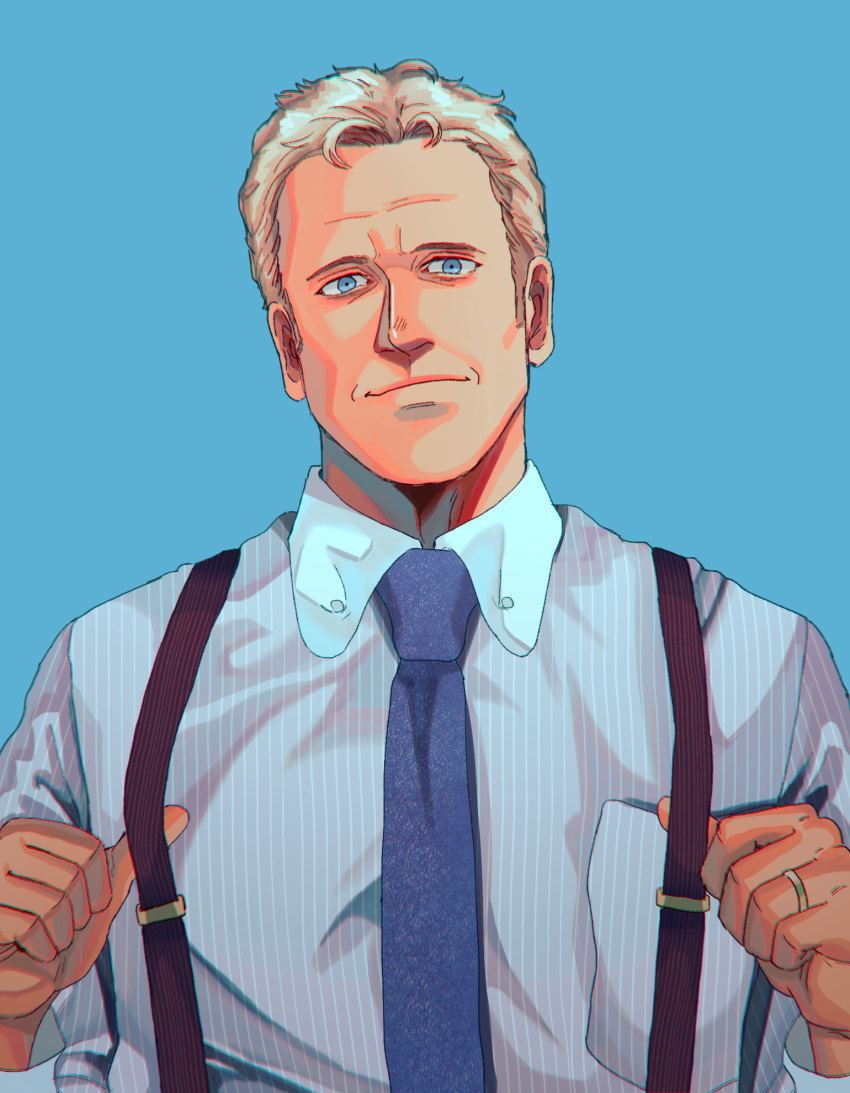 1boy, animification, better_call_saul, blonde_hair, blue_background, blue_necktie, blue_shirt, breaking_bad