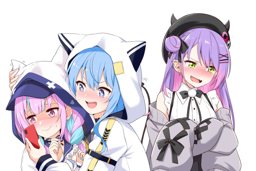 +_+, 3girls, @_@, aqua_hair, aqua_nails, beret, blue_eyes, blue_hair