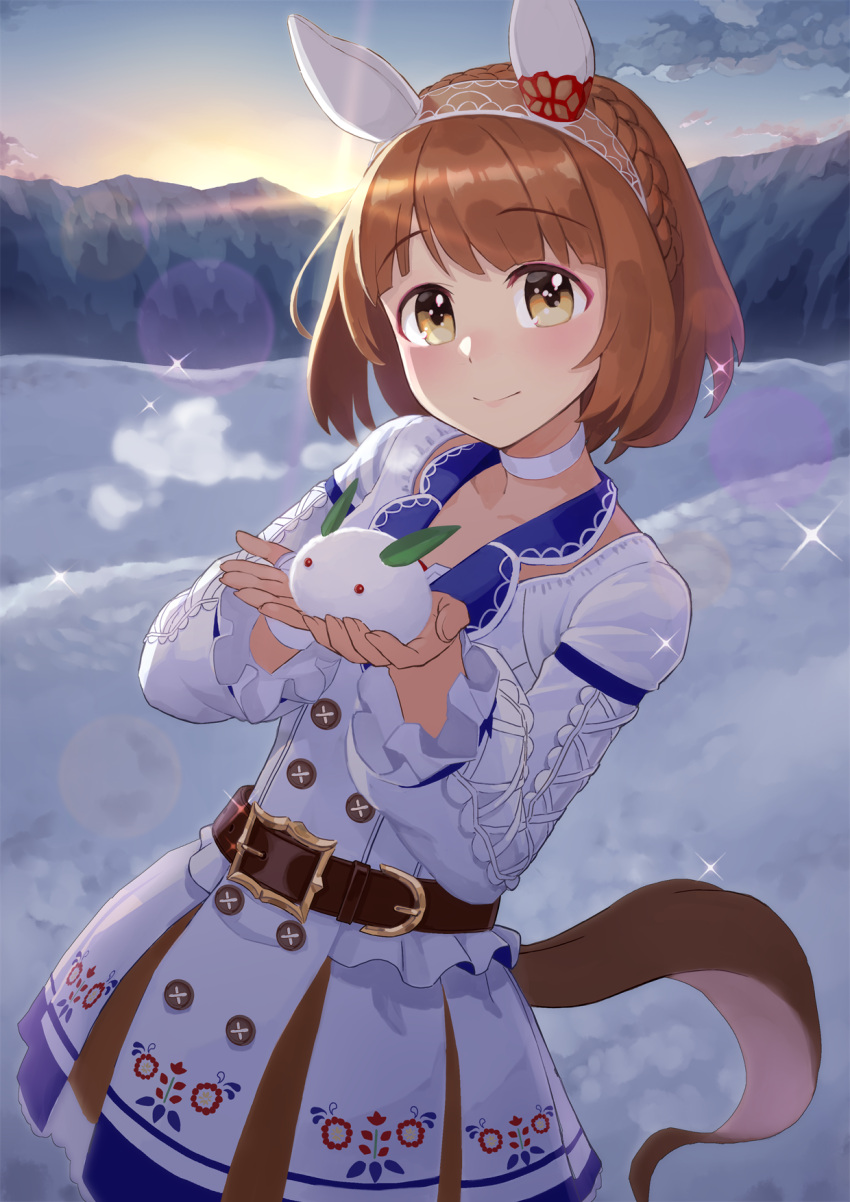 1girl, animal_ears, belt, blush, collar, collarbone, commentary_request, headband