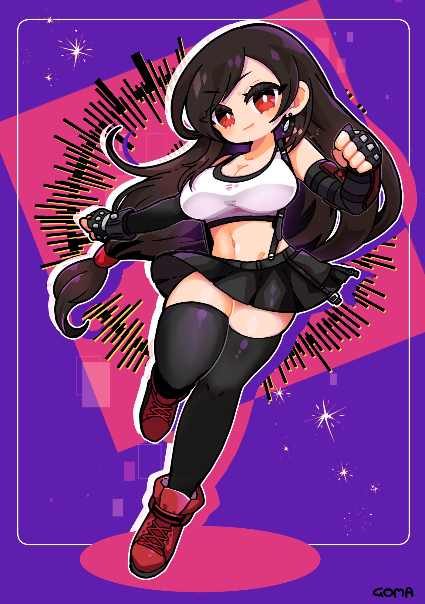 1girl, bare_shoulders, black_hair, black_skirt, black_thighhighs, breasts, clenched_hands, detached_sleeves, earrings, final_fantasy, final_fantasy_vii, final_fantasy_vii_remake, fingerless_gloves, full_body, gloves, goma_yammy, highres, jewelry, large_breasts, long_hair, looking_at_viewer, low-tied_long_hair, midriff, navel, red_eyes, red_footwear, skirt, solo, suspender_skirt, suspenders, thigh-highs, thighs, tifa_lockhart, zettai_ryouiki