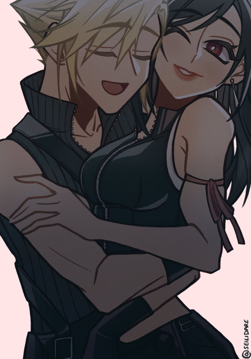 1boy, 1girl, arm_ribbon, bare_shoulders, black_hair, blonde_hair, breasts, closed_eyes