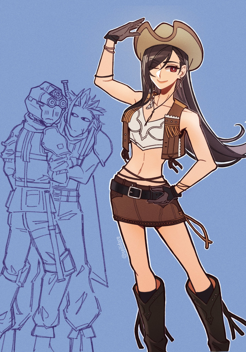 1girl, 2boys, armor, bare_shoulders, belt, black_hair, blush, boots