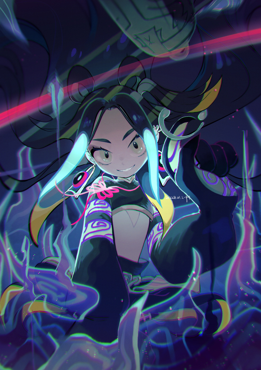 1boy, absurdres, aqua_hair, bangs, bell, black_gloves, black_hair, blonde_hair