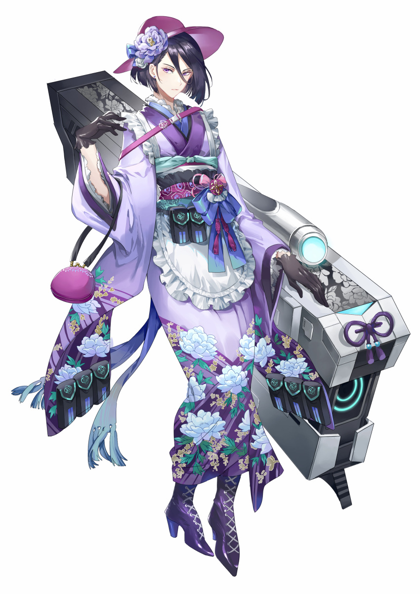 1girl, :|, absurdres, apron, bag, belt_pouch, black_gloves, black_hair