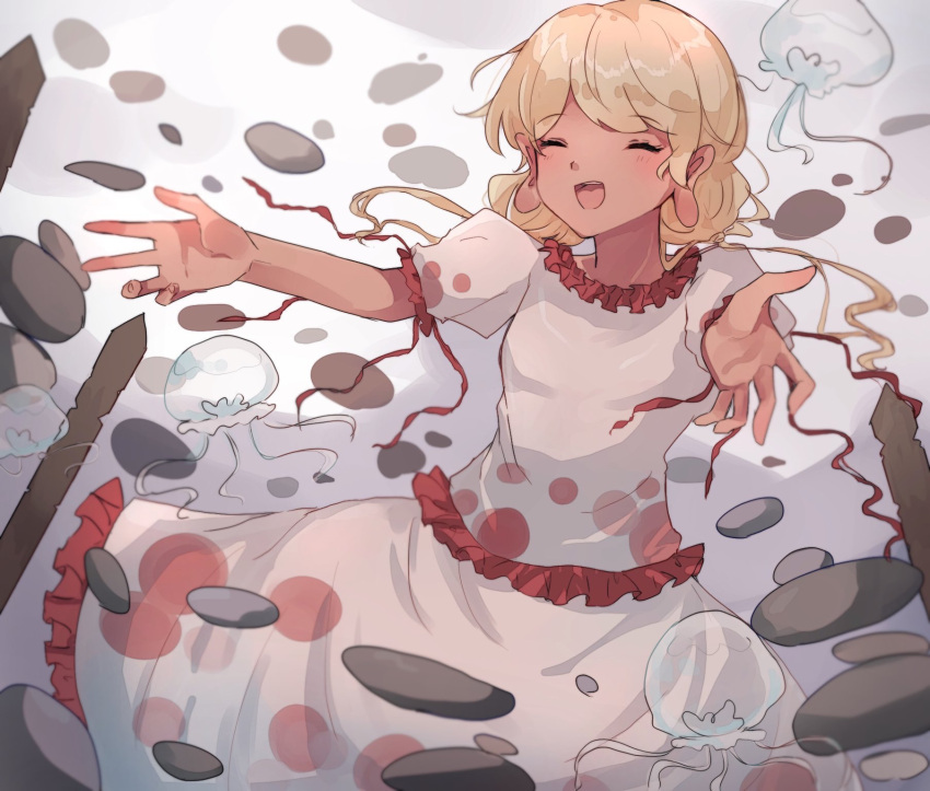 1girl, blonde_hair, blouse, closed_eyes, commentary_request, ebisu_eika, frilled_shirt, frilled_skirt