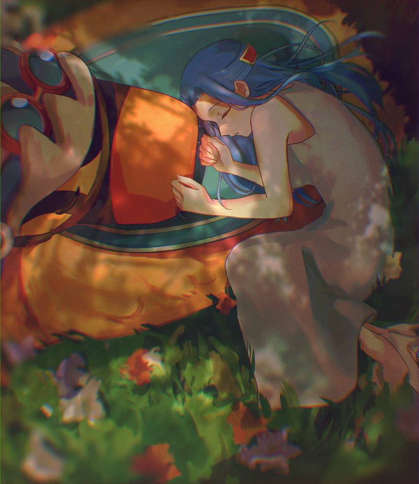 1girl, absurdres, bangs, bare_shoulders, bird, blue_hair, blurry, blurry_foreground