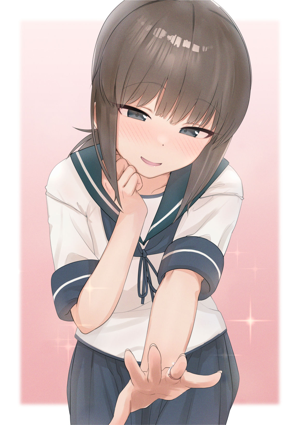 1girl, bangs, blue_eyes, blue_neckerchief, blue_sailor_collar, blue_skirt, blush, brown_hair