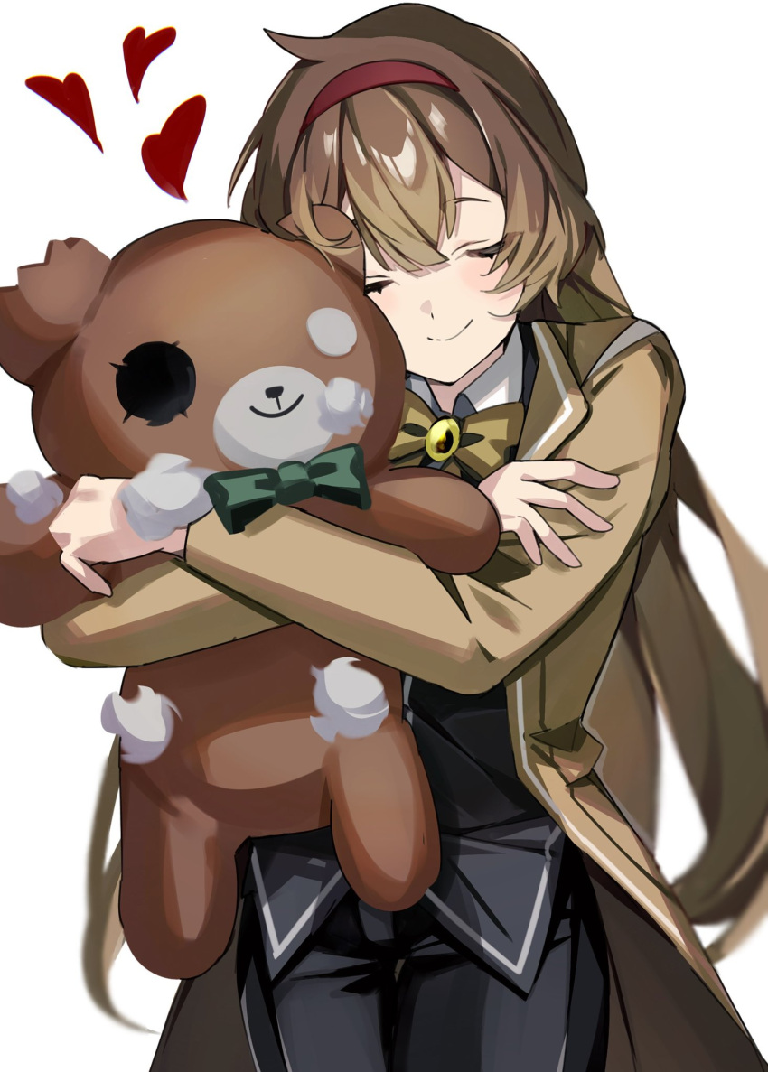 1girl, black_pants, black_vest, bow, bowtie, brown_bow, brown_bowtie, brown_coat, brown_hair, closed_eyes, coat, collared_shirt, cowboy_shot, facing_viewer, hair_between_eyes, hairband, happy_teddy_bear, heart, highres, library_of_ruina, long_hair, malkuth_(project_moon), mu46016419, object_hug, pants, project_moon, red_hairband, shirt, simple_background, smile, solo, stuffed_animal, stuffed_toy, teddy_bear, vest, white_background, white_shirt
