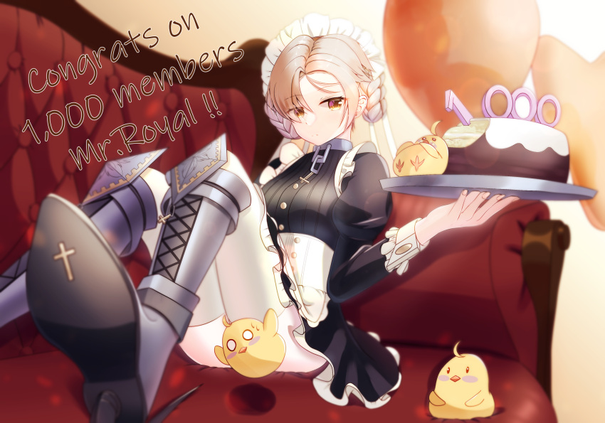 1girl, apron, armored_boots, azur_lane, black_dress, boots, braid, breasts, cake, chain, collar, convenient_censoring, cross-laced_footwear, dress, english_text, food, french_braid, frilled_apron, frills, hair_over_one_eye, highres, holding, holding_tray, juliet_sleeves, light_brown_hair, long_sleeves, maid, maid_headdress, manjuu_(azur_lane), medium_breasts, metal_collar, milestone_celebration, puffy_sleeves, sheffield_(azur_lane), short_dress, solo, tako-san_wiener_(takosanuma), thigh-highs, tray, white_apron, white_thighhighs, wrist_cuffs, yellow_eyes