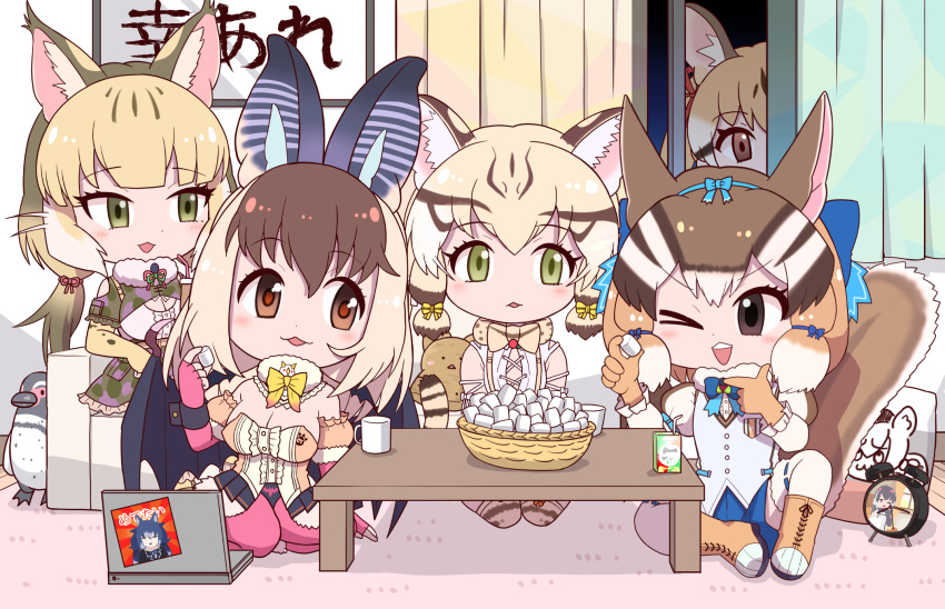 5girls, animal_costume, animal_ear_fluff, animal_ears, bat_wings, bow, bowtie, brown_eyes