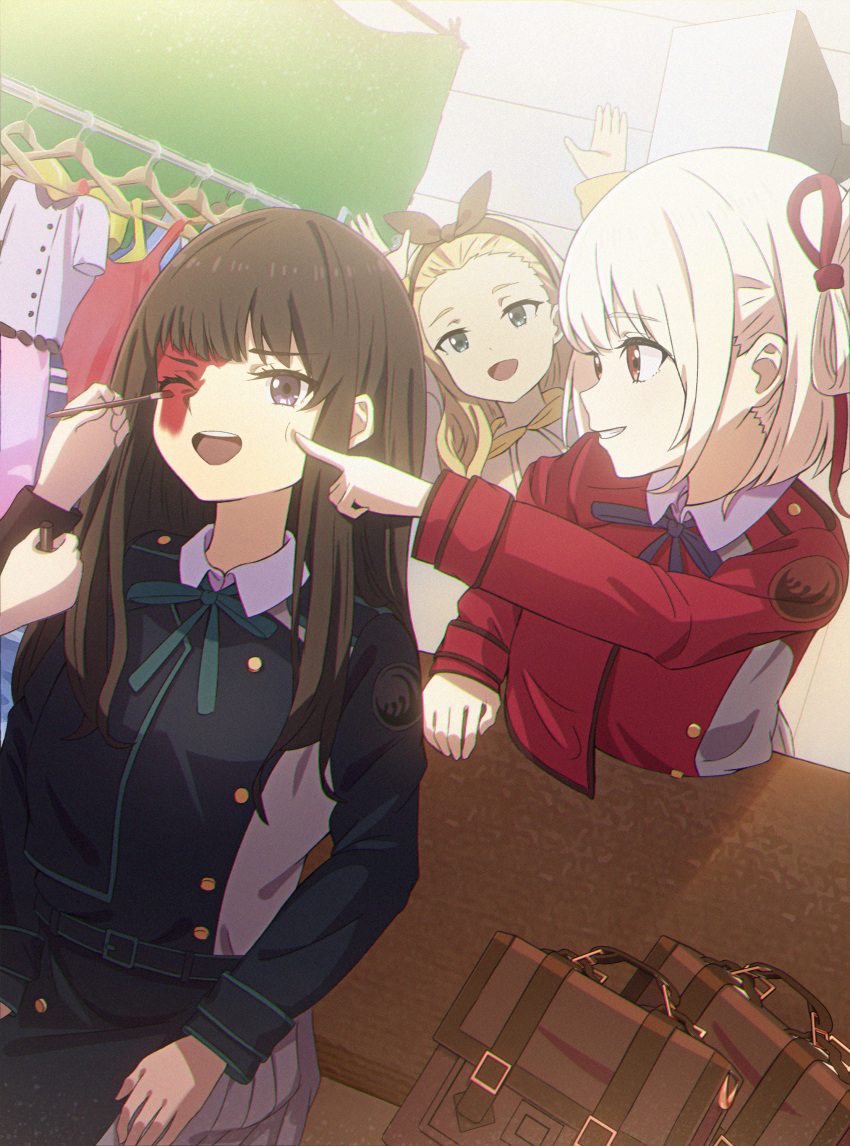 3girls, absurdres, bag, bangs, black_hair, black_ribbon, blonde_hair, blue_dress