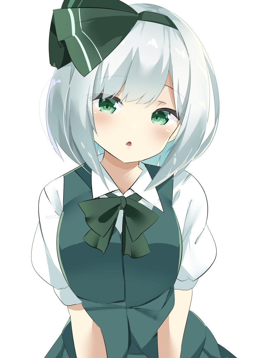 1girl, 9150namihana, absurdres, bangs, black_bow, black_bowtie, black_hairband, bow, bowtie, breasts, green_eyes, green_vest, grey_hair, hairband, highres, konpaku_youmu, looking_at_viewer, open_mouth, shirt, short_hair, simple_background, solo, touhou, upper_body, vest, white_background, white_shirt