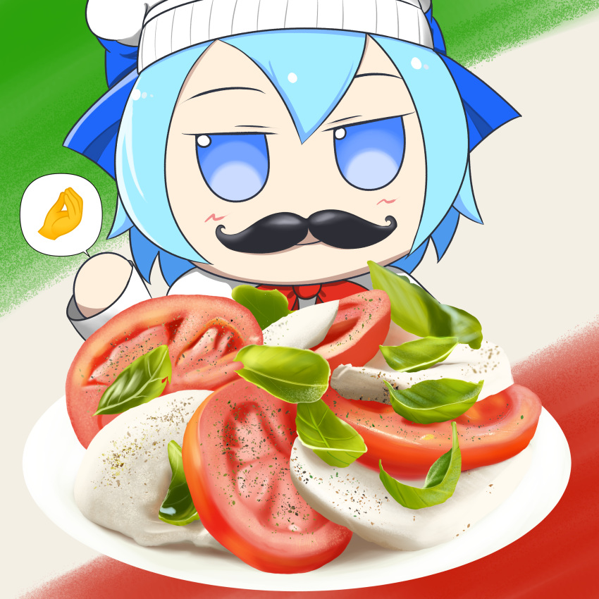 absurdres, basil_leaf, blue_bow, blue_eyes, blue_hair, blush, blush_stickers, bow