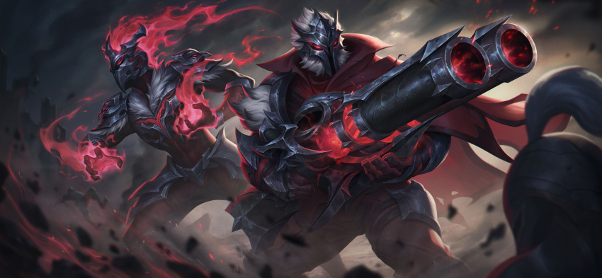 2boys, absurdres, armor, battlefield, brand_(league_of_legends), c_home, fantasy, fiery_hair