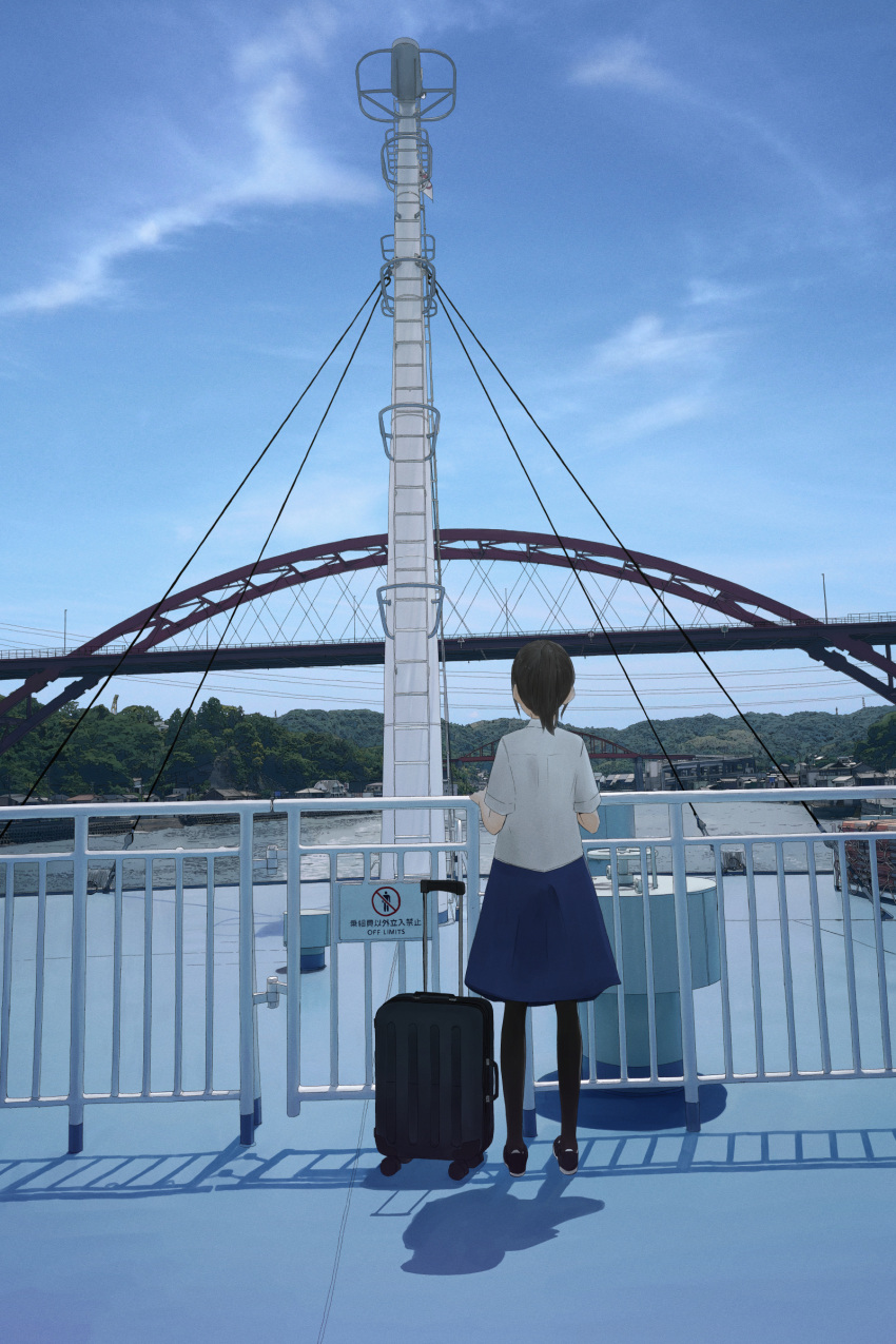 1girl, absurdres, blue_skirt, blue_sky, bridge, brown_hair, clouds, day