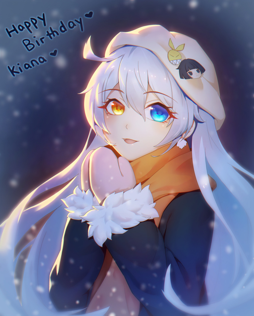 1girl, :d, ahoge, bangs, beanie, black_coat, blue_eyes, character_name