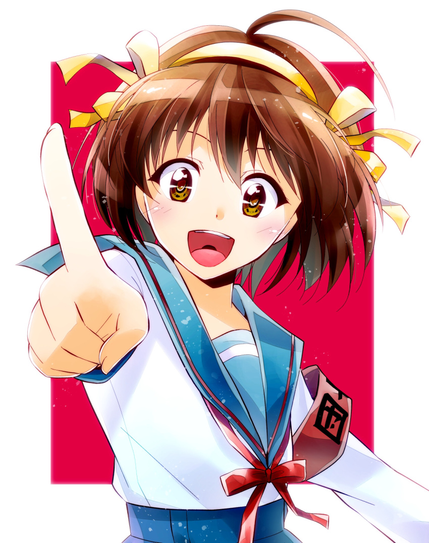1girl, :d, ahoge, armband, asashizuku, bangs, blue_sailor_collar, blue_skirt, blush, bob_cut, brown_eyes, brown_hair, hair_ribbon, hairband, highres, kita_high_school_uniform, long_sleeves, looking_at_viewer, open_mouth, red_ribbon, ribbon, sailor_collar, school_uniform, serafuku, short_hair, skirt, smile, solo, suzumiya_haruhi, suzumiya_haruhi_no_yuuutsu, upper_body, yellow_hairband, yellow_ribbon