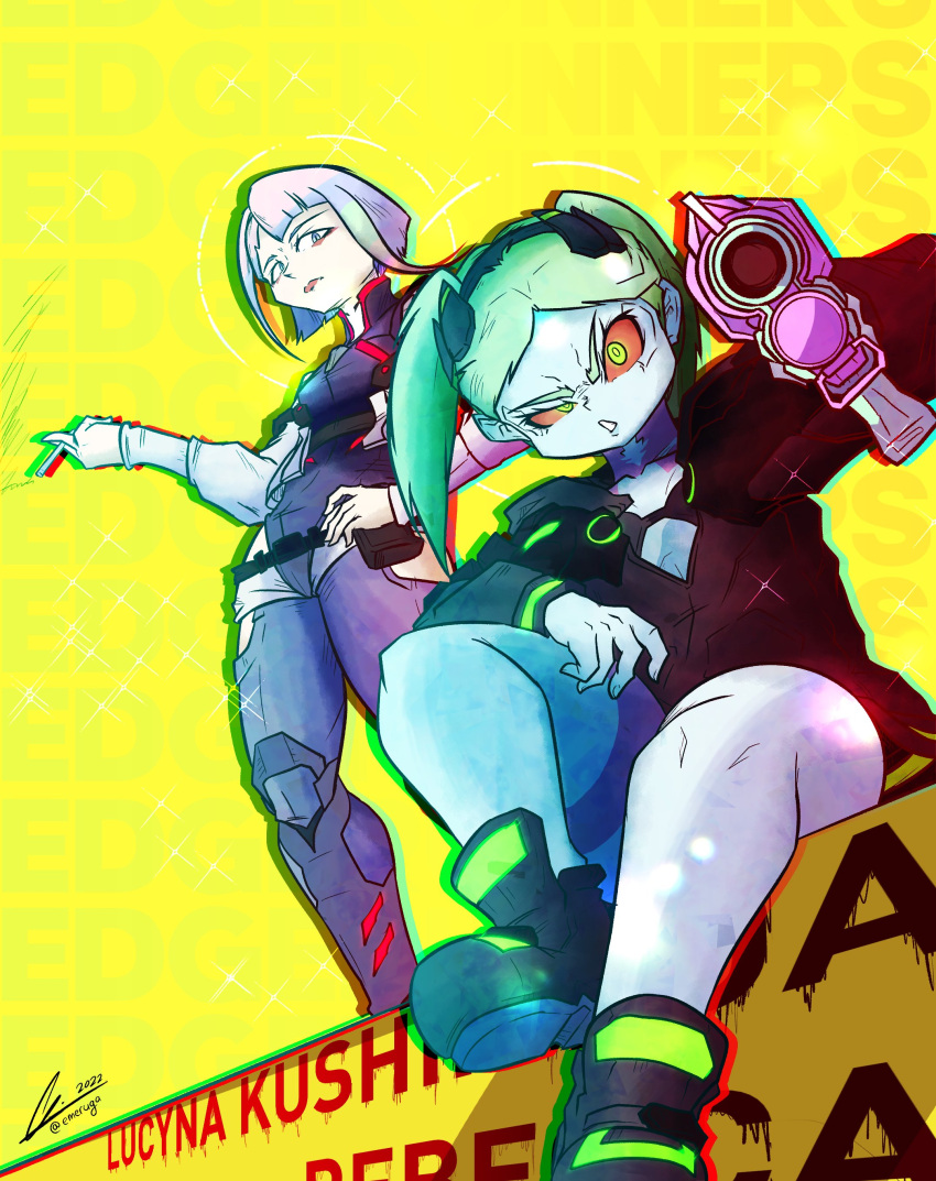 2girls, absurdres, character_name, colored_sclera, cyberpunk, cyberpunk_(series), cyberpunk_2077, cyberpunk_edgerunners