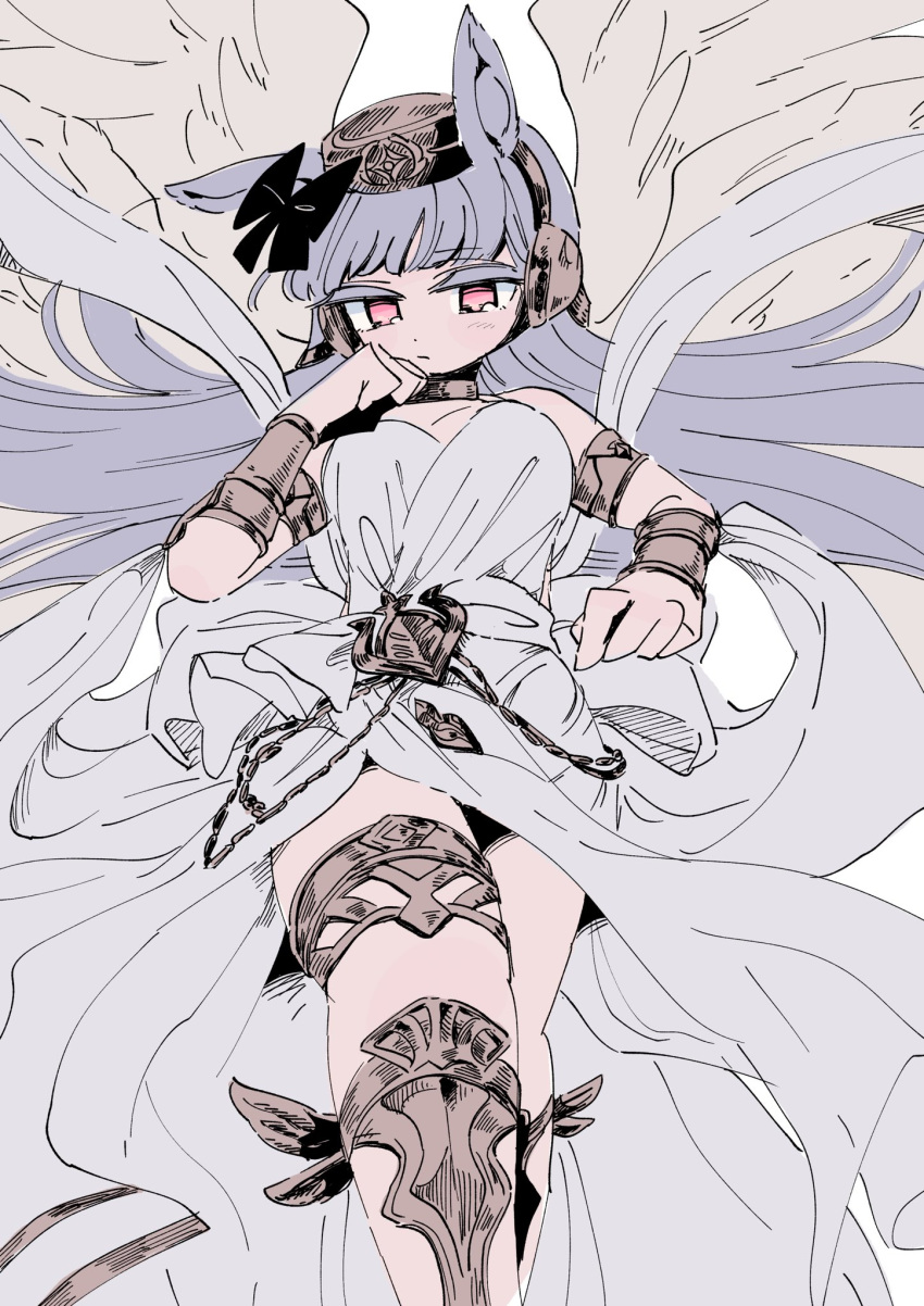 1girl, animal_ears, armlet, bracer, commentary, cosplay, cowboy_shot, ear_bow