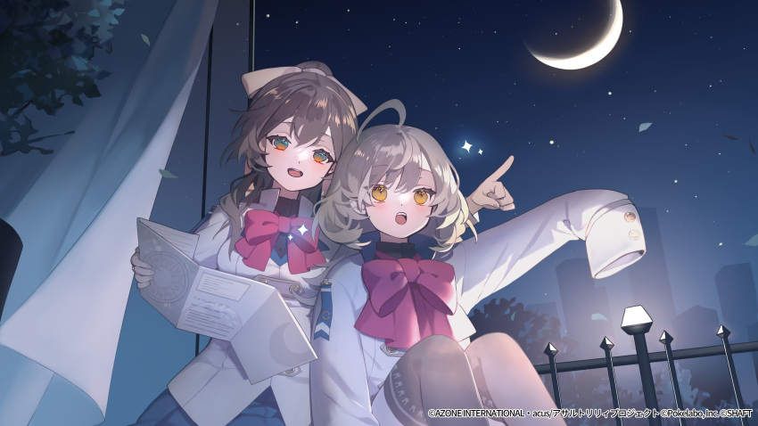 2girls, :o, ahoge, aqua_eyes, arm_at_side, assault_lily, bangs, behind_another