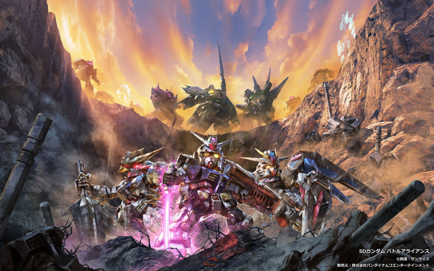 beam_saber, chibi, clouds, cover, freedom_gundam, gelgoog_s_char_custom, glowing, glowing_eyes