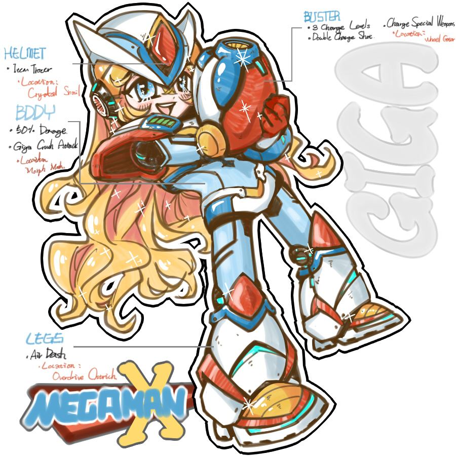alternate_costume, alternate_form, arm_cannon, blonde_hair, blue_bodysuit, blue_eyes, blush, bodysuit, copyright_name, cosplay, eleanor_stella, english_text, gloves, hair_between_eyes, helmet, logo, long_hair, maxeggq, mega_man_(series), mega_man_x_(character), mega_man_x_(character)_(cosplay), mega_man_x_(series), mega_man_x_dive, metal_boots, nkshoujo, open_mouth, red_gloves, robot_ears, smile, sparkle, very_long_hair, weapon, x_(mega_man)