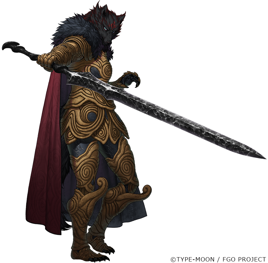 1boy, armor, black_fur, blue_eyes, cape, closed_mouth, commentary_request, copyright_name, expressionless, facial_mark, facial_tattoo, fate/grand_order, fate_(series), forehead_mark, full_body, fur_collar, fur_trim, furry, furry_male, holding, holding_sword, holding_weapon, kukochihiko_(fate), looking_at_viewer, male_focus, official_art, red_cape, simosi, simple_background, solo, standing, sword, tattoo, transparent_background, weapon, wolf_boy