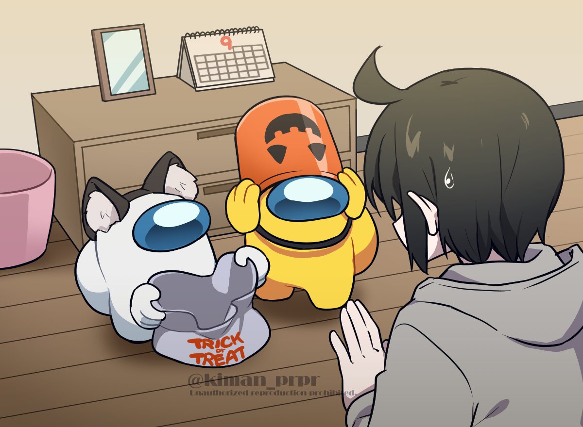 3others, ahoge, ambiguous_gender, among_us, animal_ear_fluff, animal_ears, bag, brown_hair