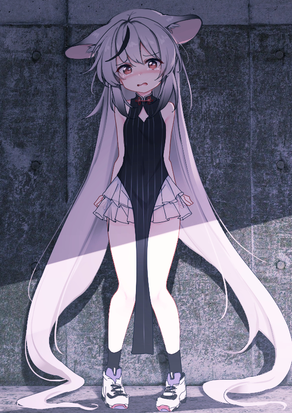 1girl, against_wall, animal_ears, arms_behind_back, blue_archive, breasts, commentary_request, grey_hair, kokona_(blue_archive), long_hair, looking_at_viewer, nta_(drapa_box10), open_mouth, red_eyes, shoes, sleeveless, small_breasts, solo, standing, tears, very_long_hair, wall