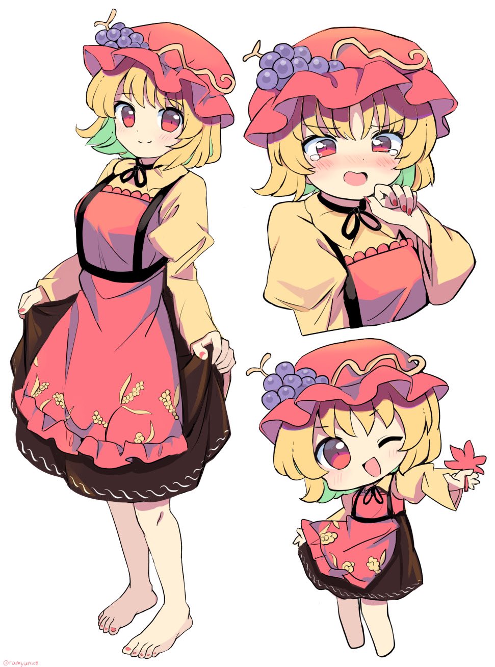 1girl, aki_minoriko, apron, barefoot, black_skirt, blonde_hair, blush, closed_mouth
