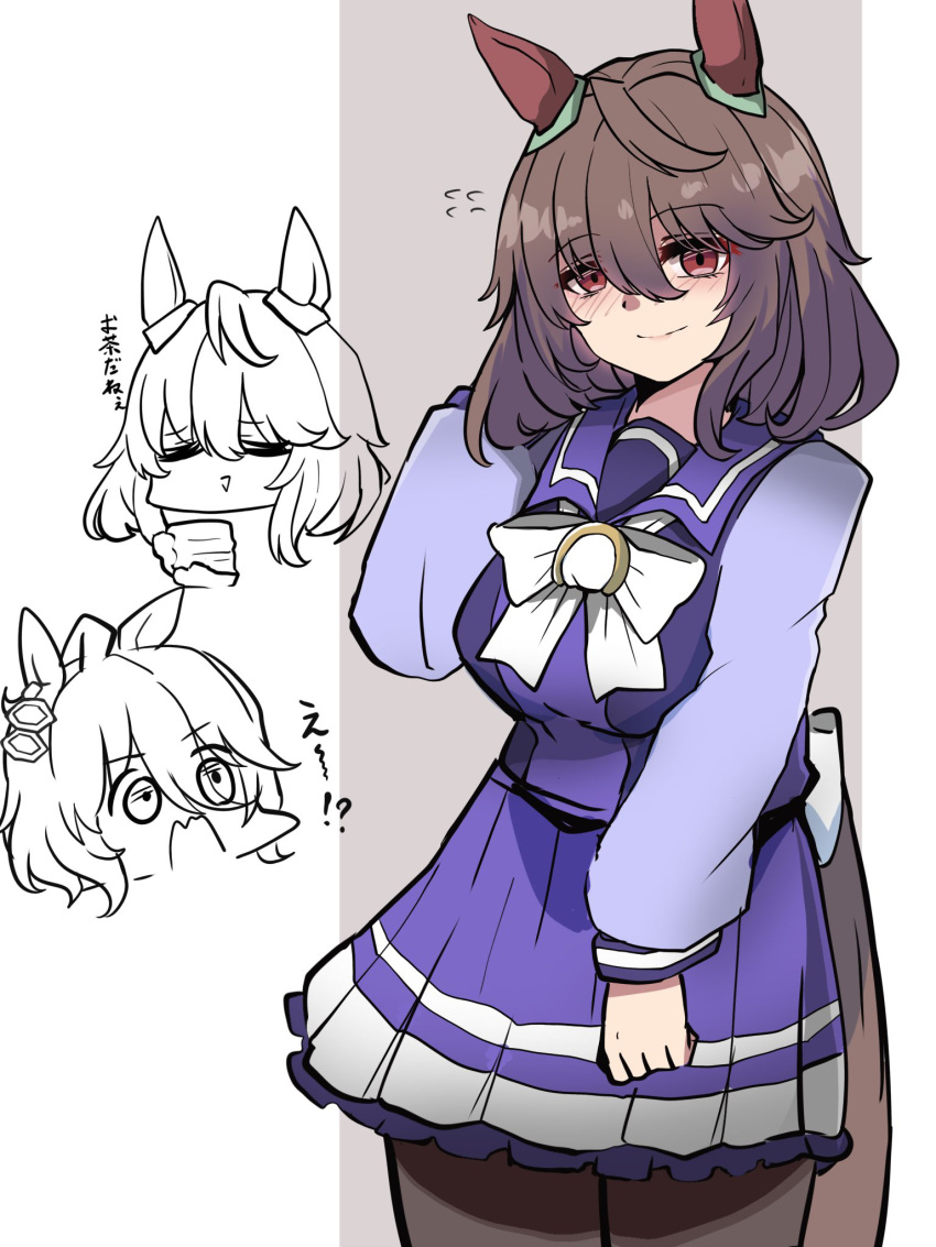 2girls, agnes_lady_(racehorse), agnes_tachyon_(umamusume), animal_ears, bangs, bow, bowtie, brown_background