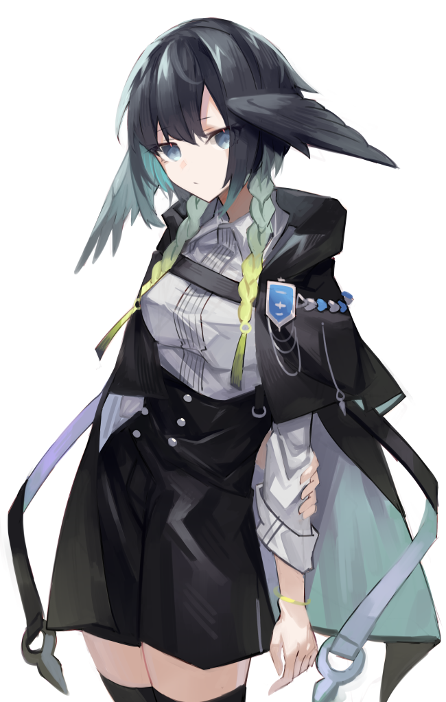 1girl, arknights, arm_behind_back, black_cape, black_hair, black_skirt, black_thighhighs, blue_eyes, braid, cape, collared_shirt, commentary_request, cowboy_shot, gradient_hair, green_hair, head_wings, long_hair, long_sleeves, looking_at_viewer, multicolored_hair, patia_(arknights), sasa_onigiri, shirt, side_braids, simple_background, skirt, solo, thigh-highs, white_background, white_shirt