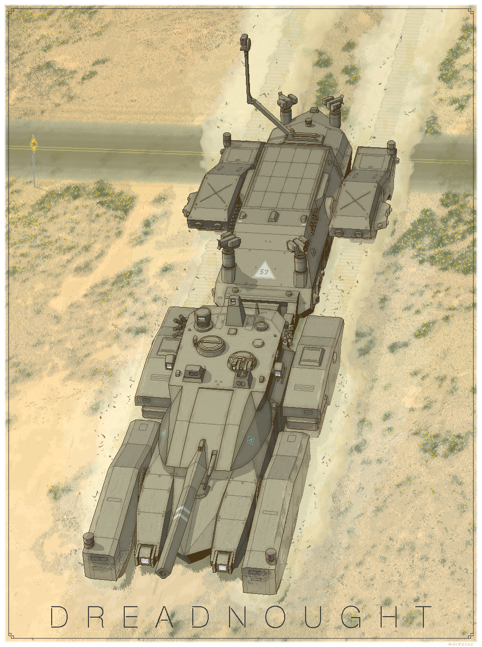 cannon, desert, dust, english_text, flower, grass, grenade_launcher, ground_vehicle